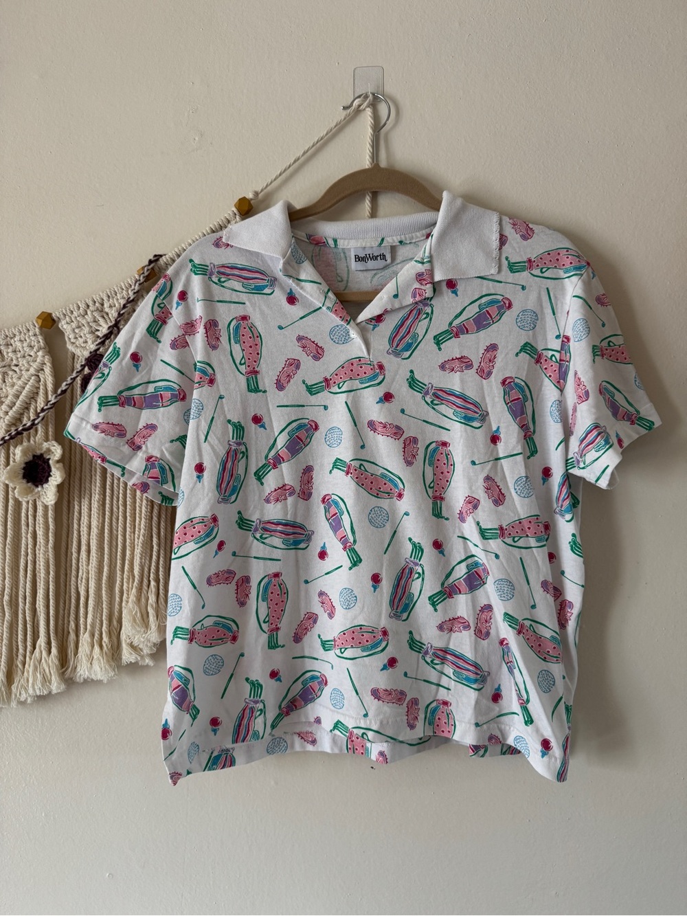 BonWorth White Polo with Pink & Green Golf Print